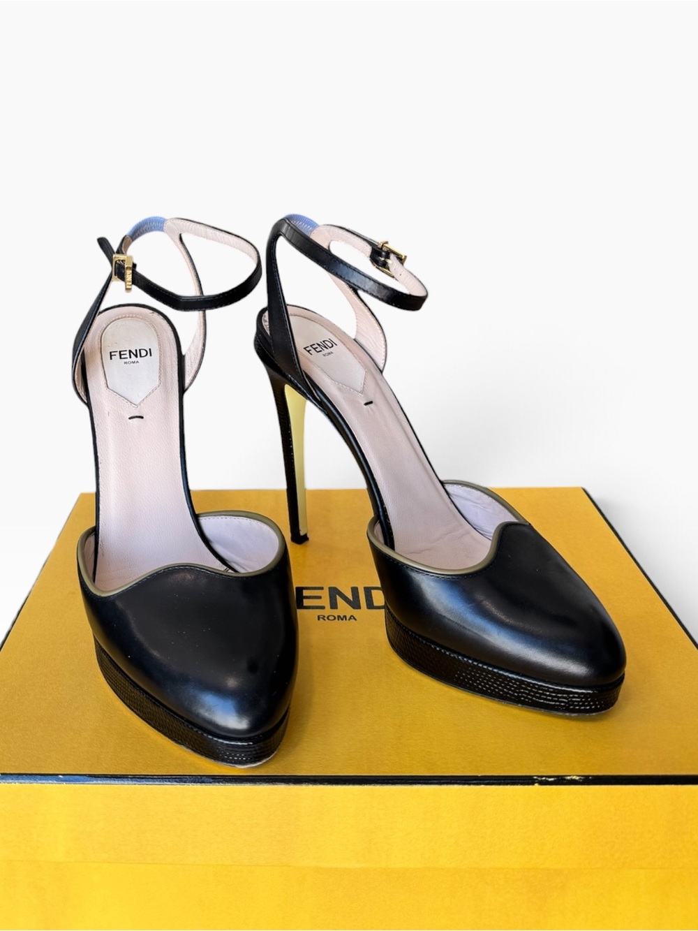 Fendi Black Leather Platform Ankle-Strap Pumps Heels – Size 38 / US 8